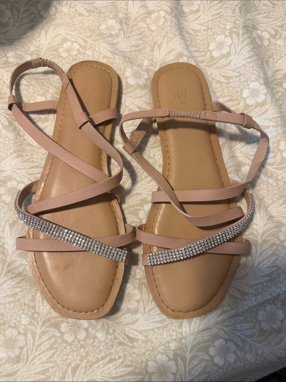 H&M Nude Pink Rhinestone Strap Flat Sandals